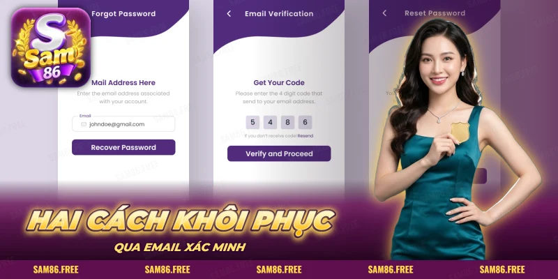 Ba màn hình nhập email, mã xác minh và đặt lại mật khẩu SAM86