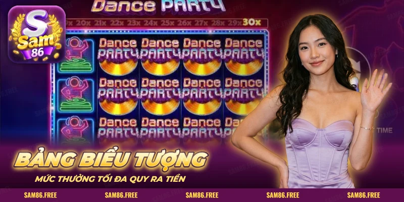 Lưới slot disco ánh đèn neon với biểu tượng đĩa than xếp hàng