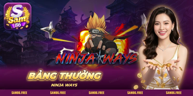 Nhân vật ninja và phi tiêu trước mái đền Nhật trong slot Ninja