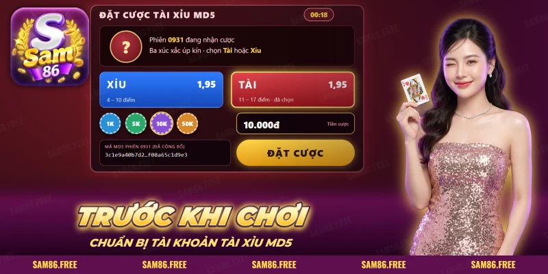 Màn đặt cược tài xỉu MD5 có hai cửa Tài Xỉu, chip và nút đặt cược