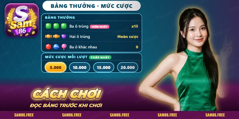 Bảng thưởng các hàng kẹo và dãy nút mức cược, nút đầu tiên được chọn