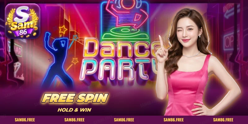 Màn slot khiêu vũ neon với bóng người nhảy, bàn DJ và biển đèn màu