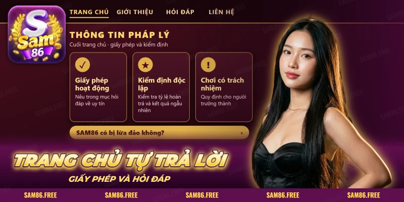 Trang chủ có thanh điều hướng và ba thẻ thông tin pháp lý xếp ngang