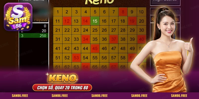 Keno SAM86 với lưới số được tô màu và bảng trả thưởng ở bên trái