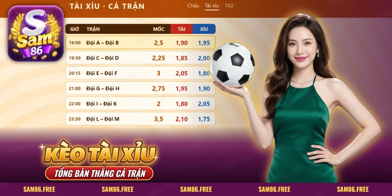 Kèo tài xỉu bóng đá SAM86 trên danh sách trận với cột mốc, tài, xỉu
