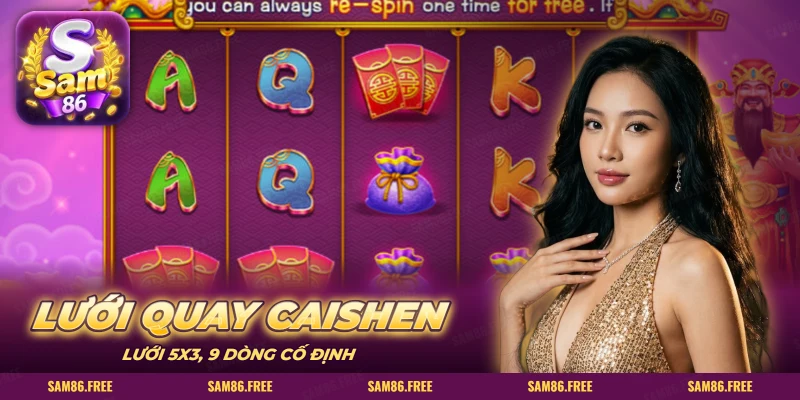 Lưới slot Thần Tài với túi tiền, bao lì xì và các biểu tượng chữ cái