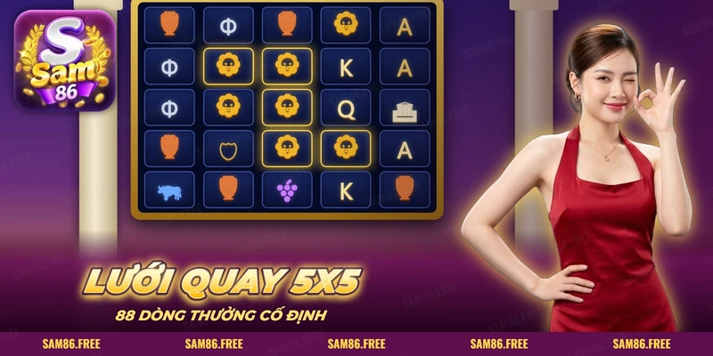 Lưới quay 5x5 với biểu tượng sư tử vàng, bình gốm và đền Hy Lạp