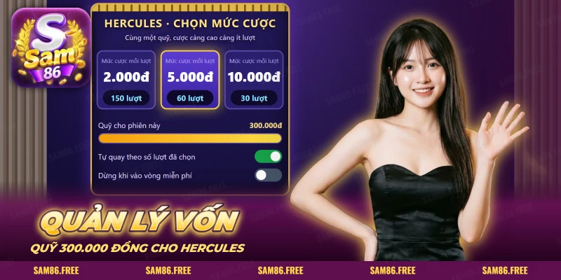 Bảng chọn mức cược mỗi lượt và quỹ cho phiên quay slot Hercules