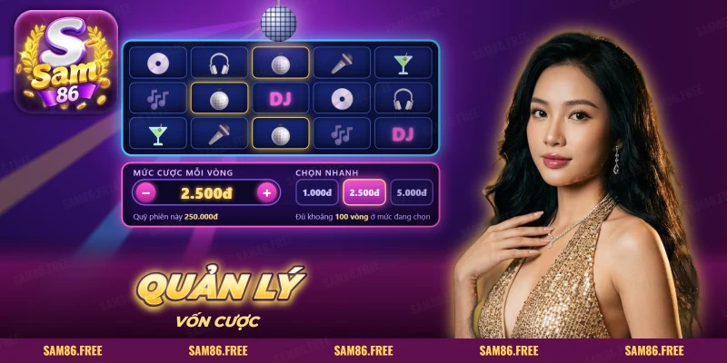 Màn slot disco neon có tai nghe, micro, quả cầu gương và bảng chọn mức cược
