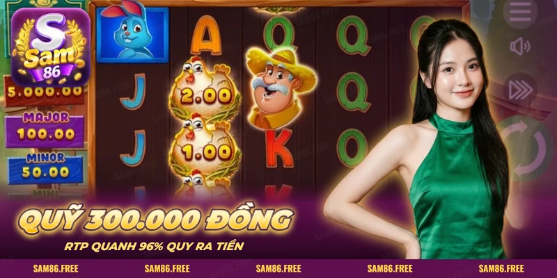 Lưới slot Little Farm với gà mái, bác nông dân và bảng thưởng hũ bên trái