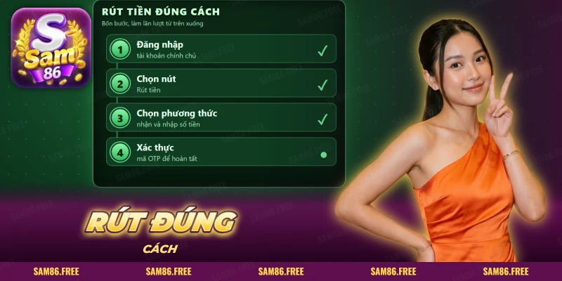 Các bước rút tiền SAM86 xếp thành danh sách đánh số kèm dấu tích xanh