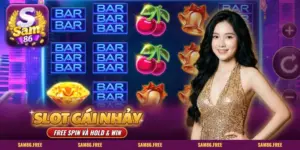 Slot Gái Nhảy SAM86 lưới cuộn neon, biểu tượng quả anh đào và chuông vàng