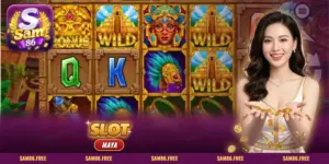 Slot Maya SAM86 với kim tự tháp, mặt nạ lông vũ và các biểu tượng đền