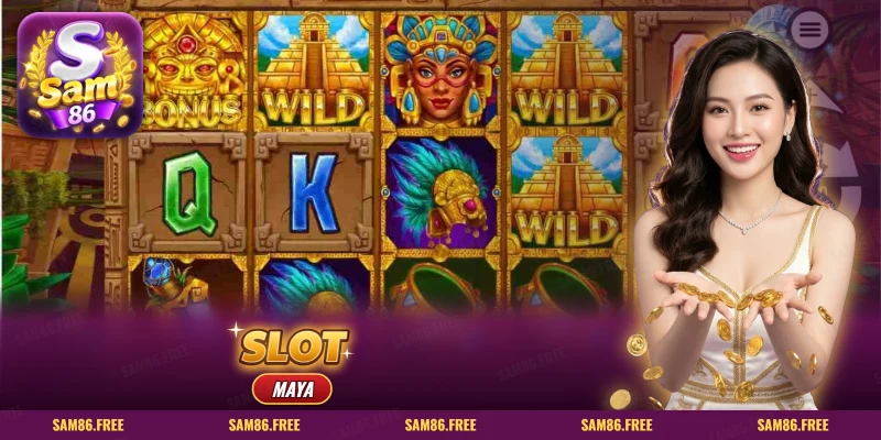 Slot Maya SAM86 với kim tự tháp, mặt nạ lông vũ và các biểu tượng đền