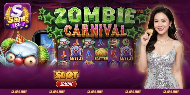 Slot Zombies SAM86 với biểu tượng não và nhân vật zombie hoạt hình