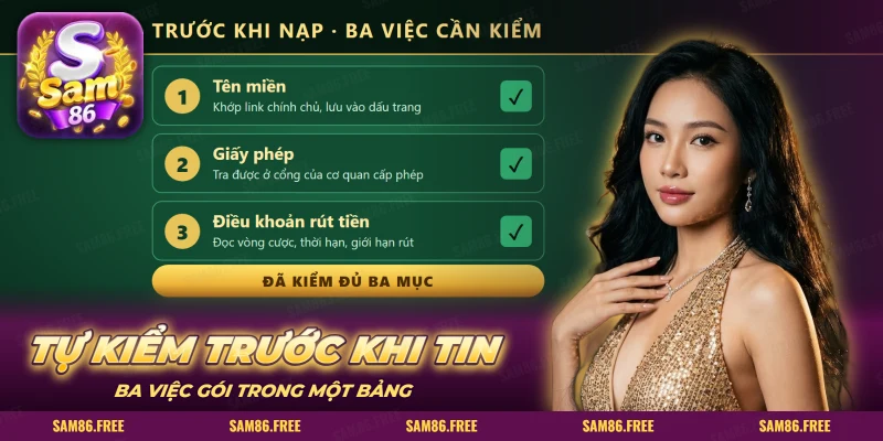Danh sách ba việc cần kiểm với dấu tích xanh và nút vàng bên dưới