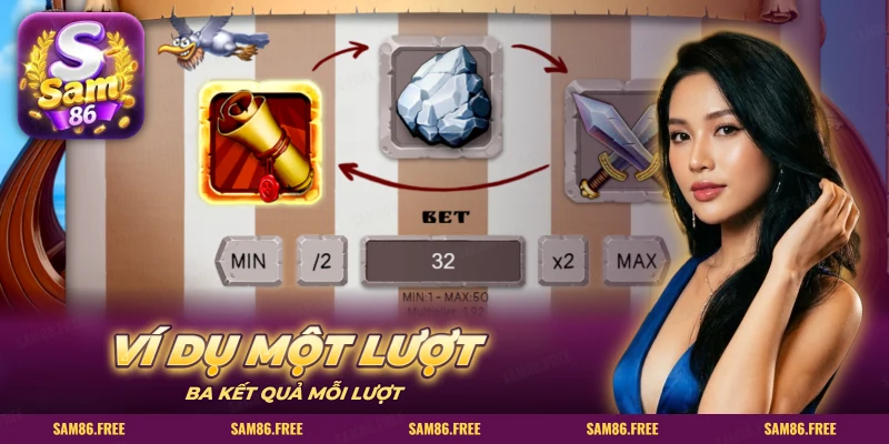 Màn game với đá, cuộn giấy, kiếm và ô chọn mức cược