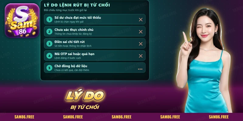 Danh sách các lý do lệnh rút bị từ chối, mỗi dòng đánh số thứ tự