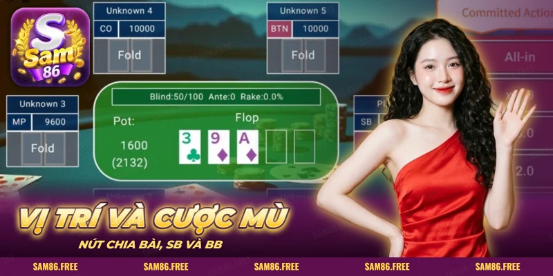 Bàn Texas Hold'em với ba lá flop, nút chia bài và các vị trí ngồi