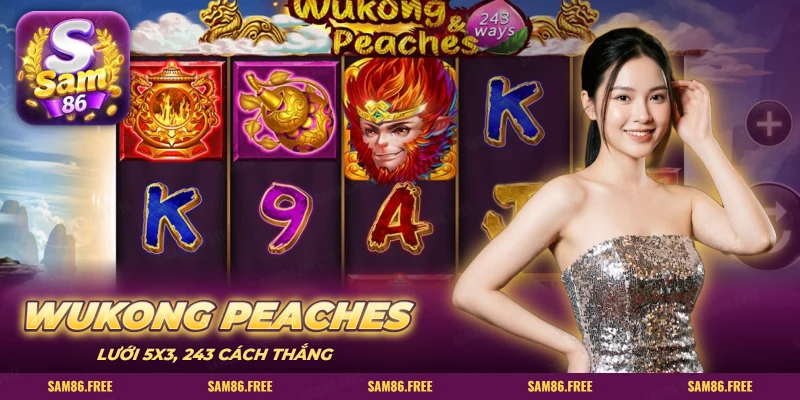 Lưới slot Wukong Peaches với Tôn Ngộ Không và các biểu tượng chữ cái
